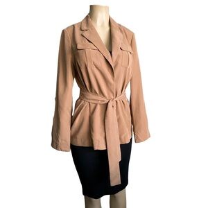 Chico's Open Front Belted Modal Blazer Jacket Tan Beige Roll Tab Sleeves Coffee